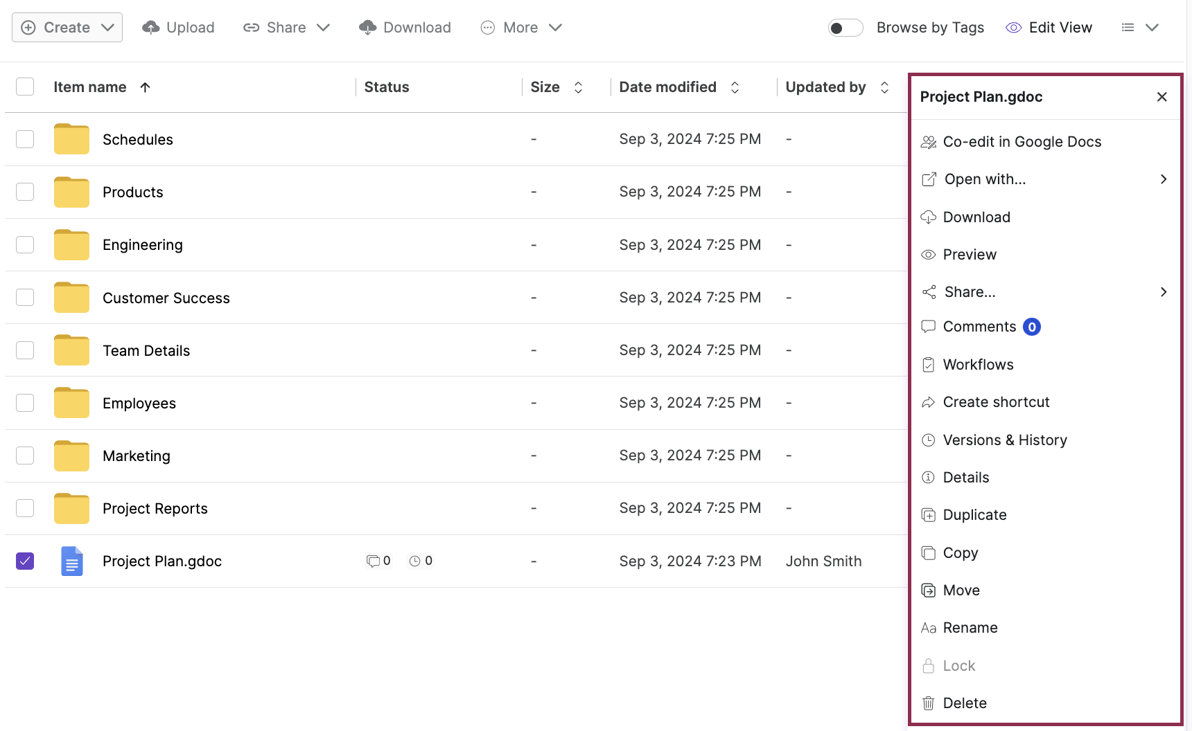 Egnyte file list and context menu