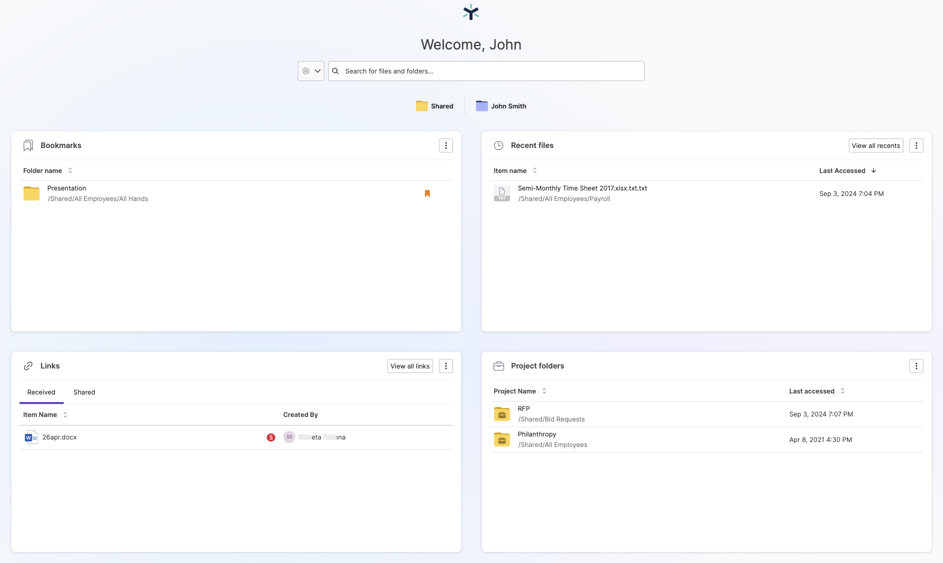 Egnyte home dashboard