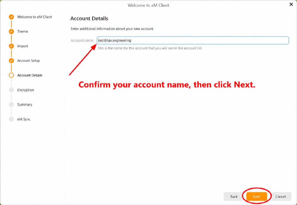 eM Client hesap ayrıntıları ekranı