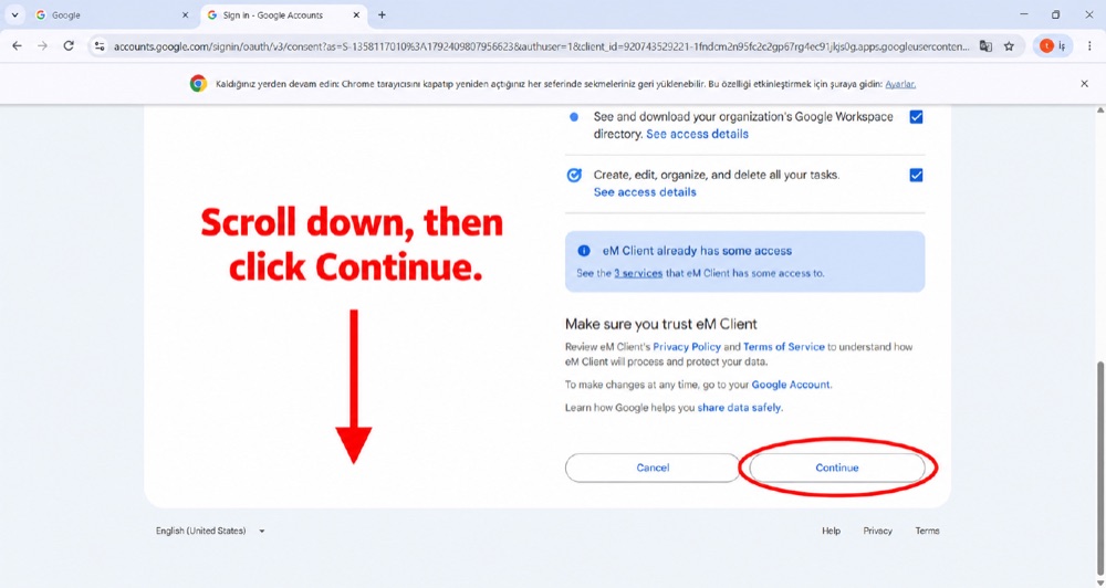 Google — aşağı kaydırın ve devam edin