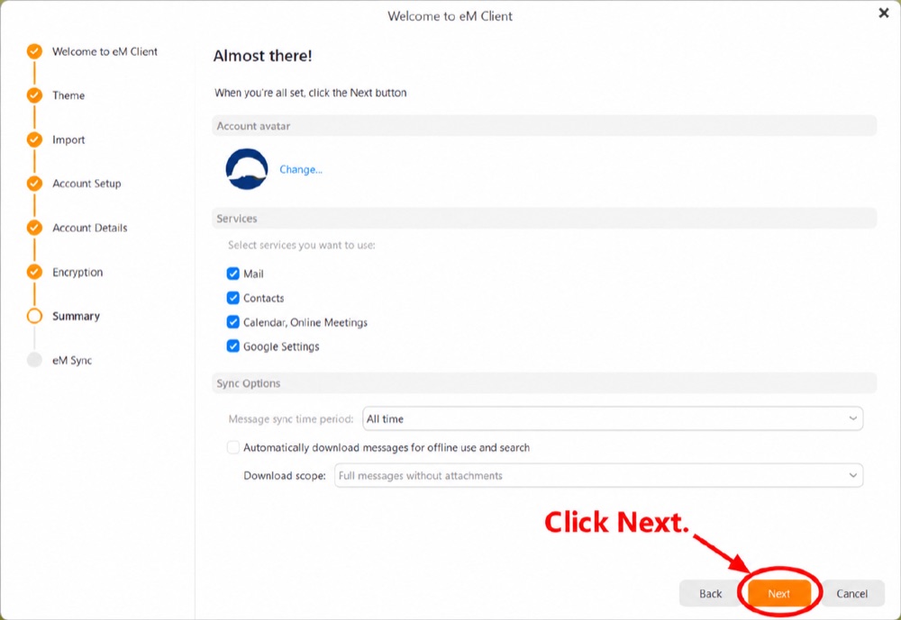 eM Client — neredeyse bitti ekranı