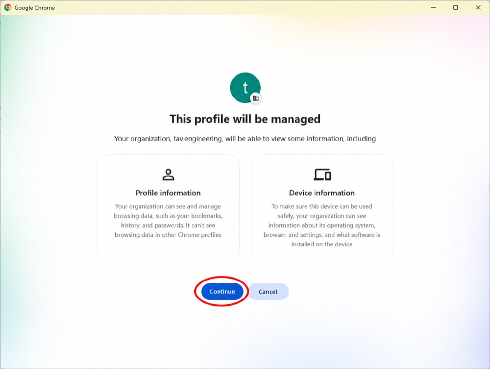 Google Chrome — managed profile notice