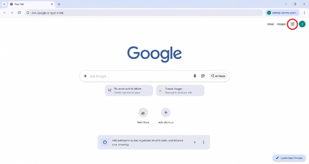 Google Chrome — new tab page