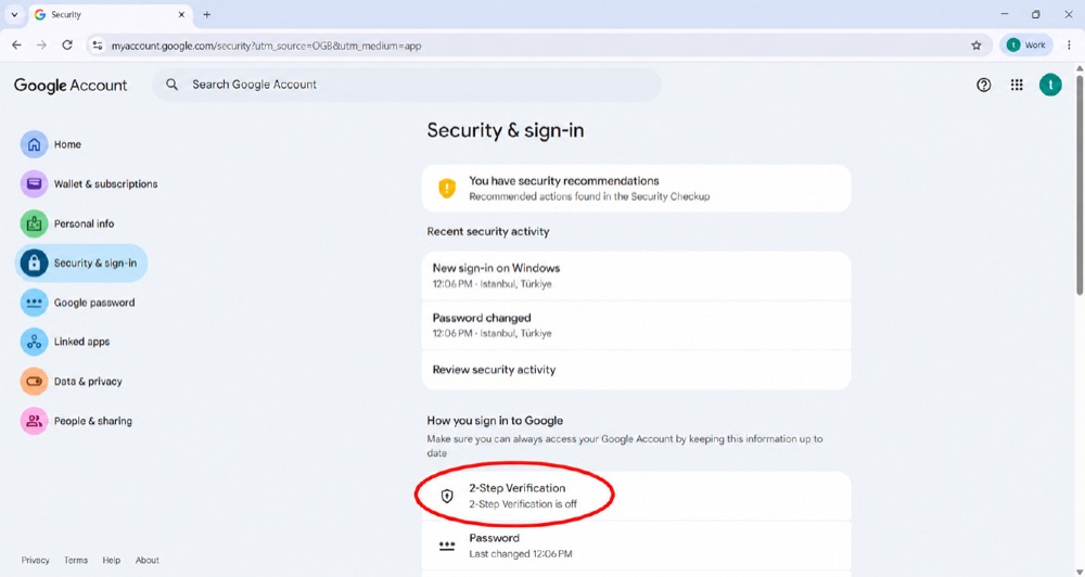 Google Account — Security & sign-in