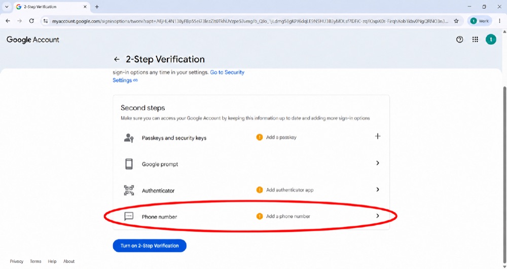 Google — 2-Step Verification page