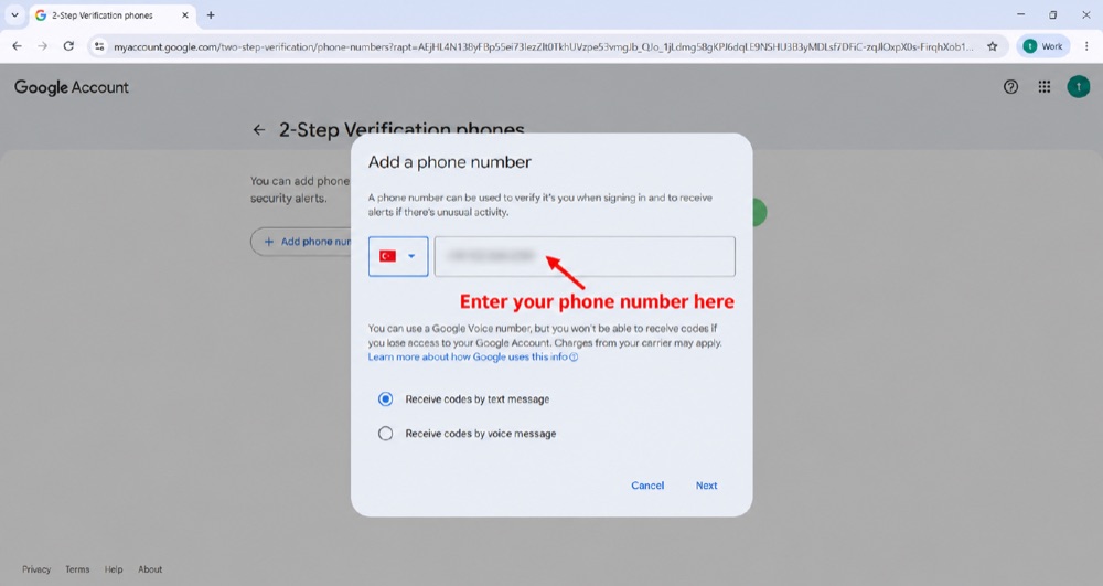 Google — add a phone number