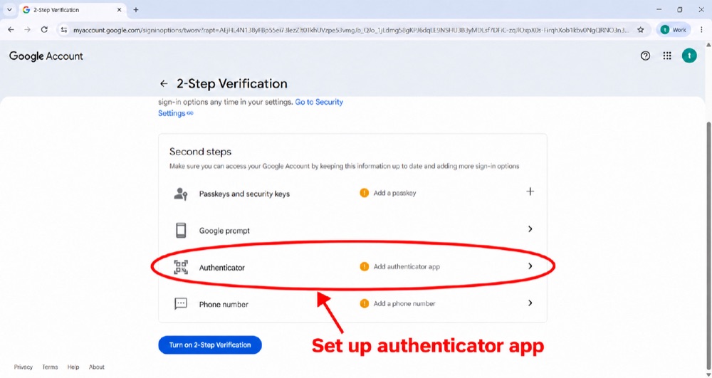 Google — set up authenticator app