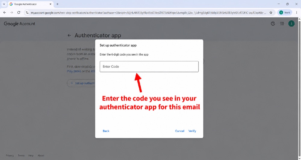 Google — enter the 6-digit code
