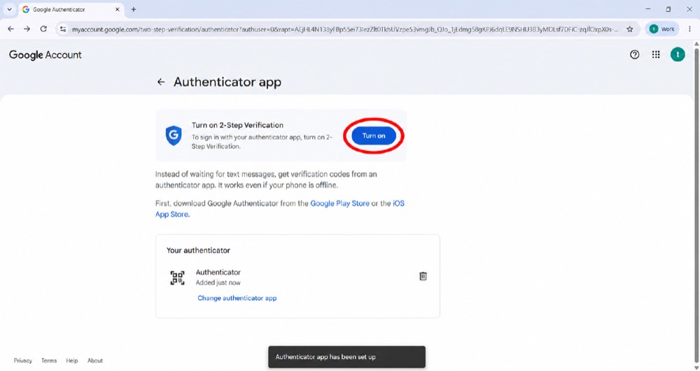 Google — authenticator app added