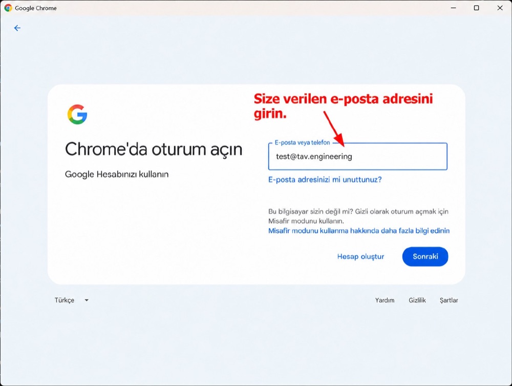 Google Chrome — e-posta adresinizi girin