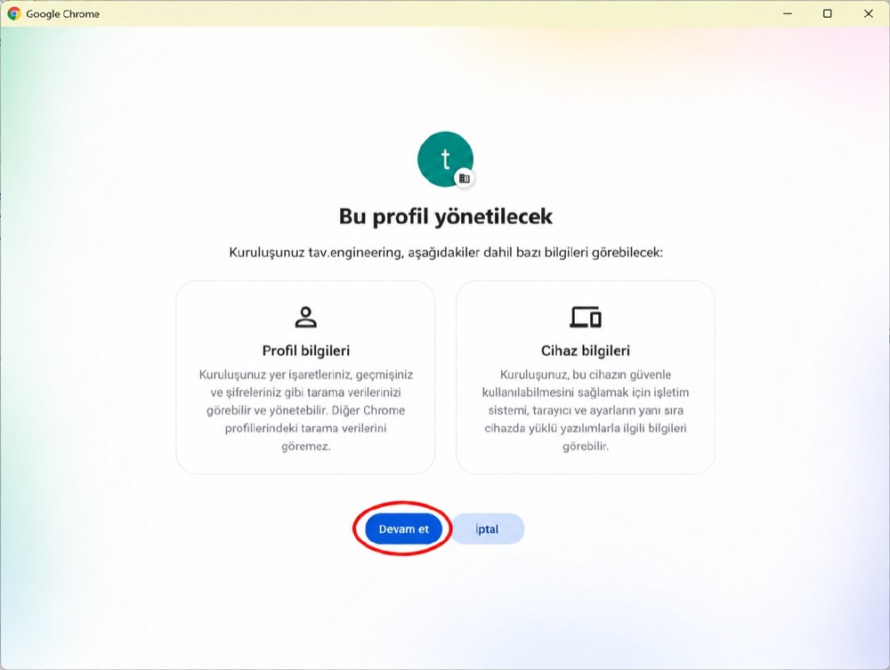 Google Chrome — yönetilen profil bildirimi
