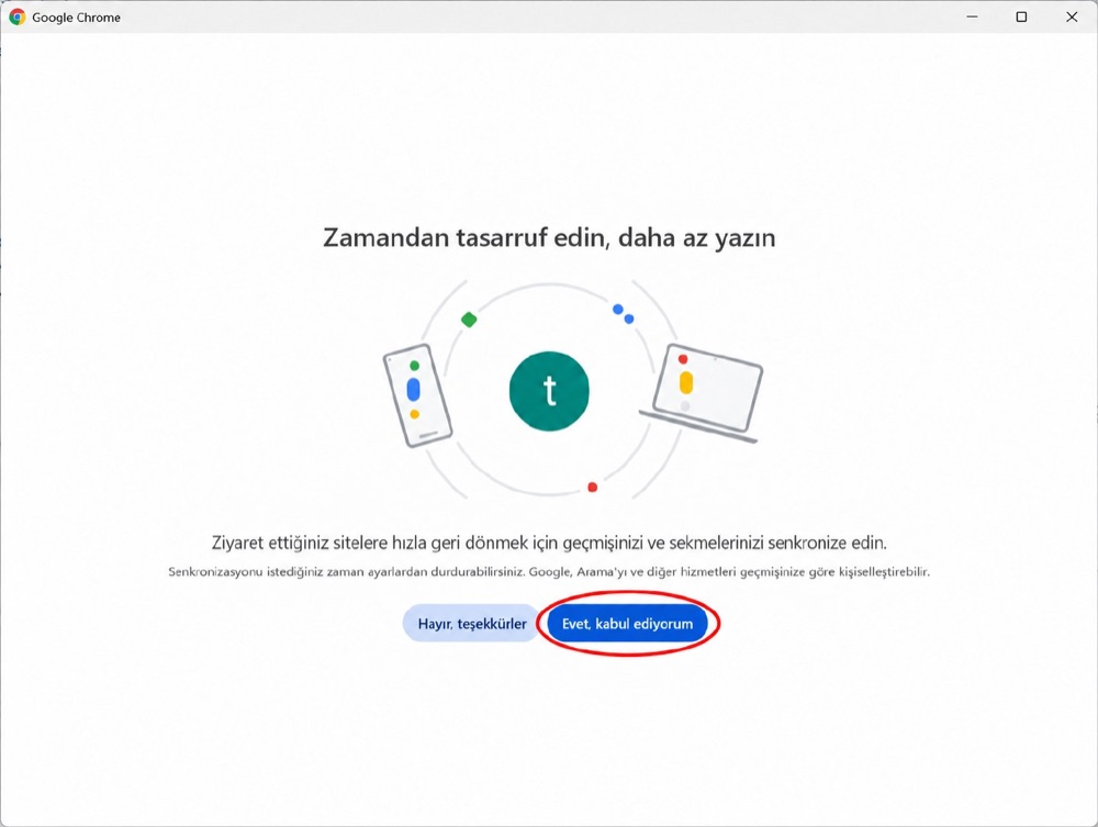 Google Chrome — geçmiş ve sekmeleri senkronize edin