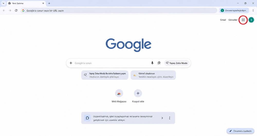 Google Chrome — yeni sekme sayfası