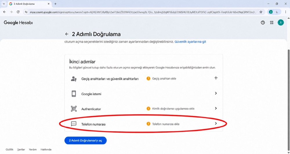 Google — 2 Adımlı Doğrulama