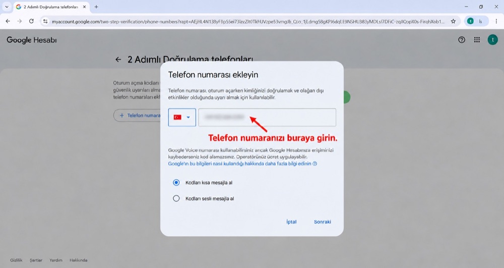 Google — telefon numarası ekleyin