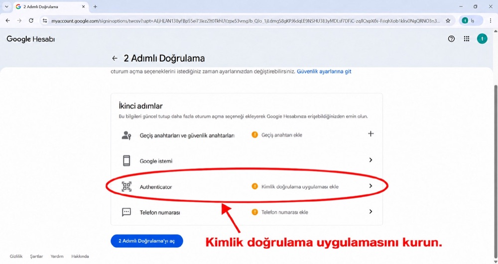 Google — kimlik doğrulama uygulamasını kurun