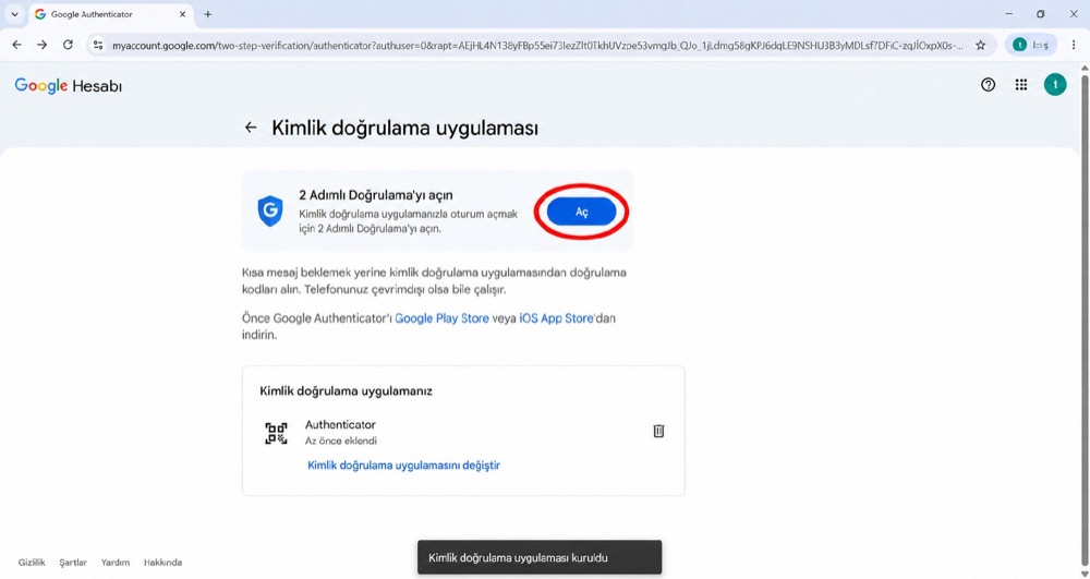 Google — kimlik doğrulama uygulaması eklendi
