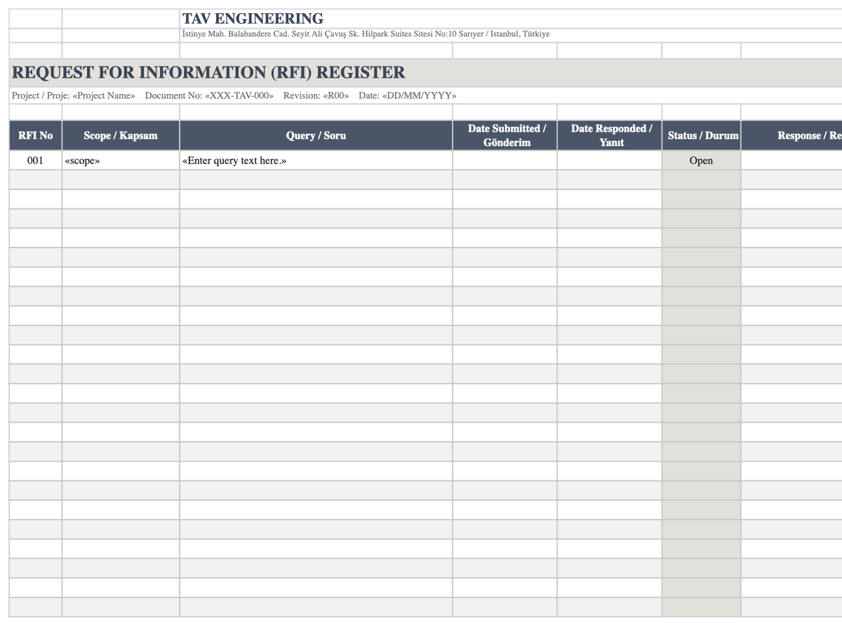 RFI Excel template