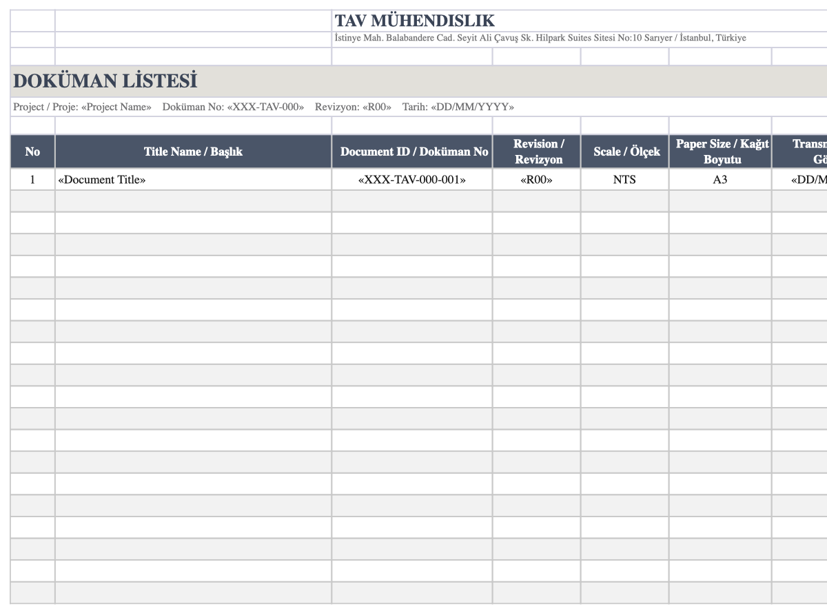 Doküman listesi Excel şablonu